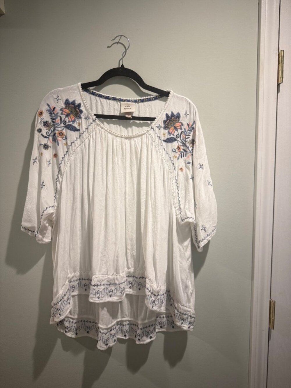 Knox Rose White Embroidered Floral Boho Peasant Blouse XXL